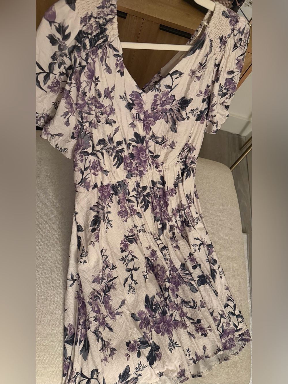 CeCe Cream Midi Dress with Lavender Floral Print